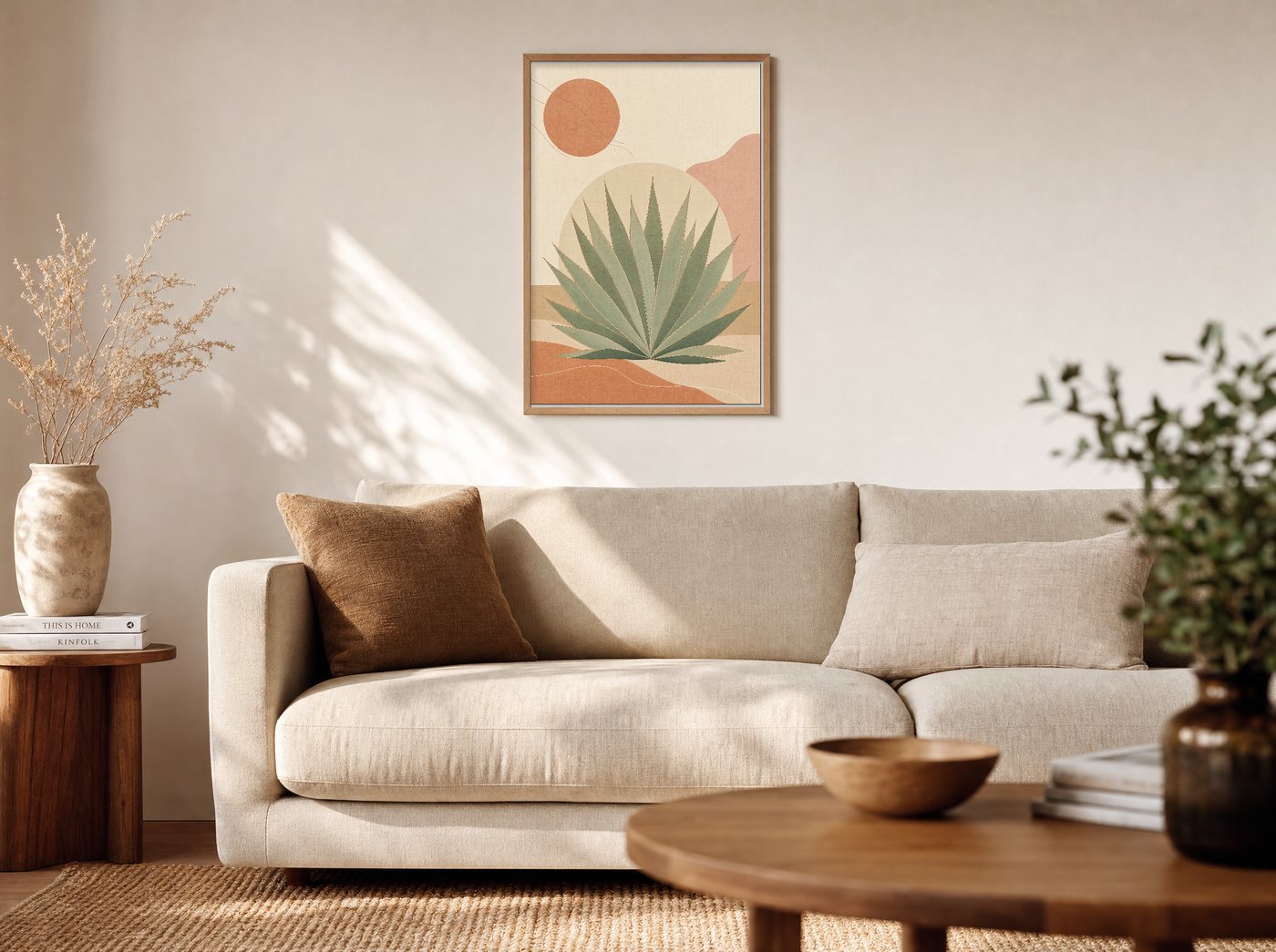 Agave Study framed and hung — a warm living room