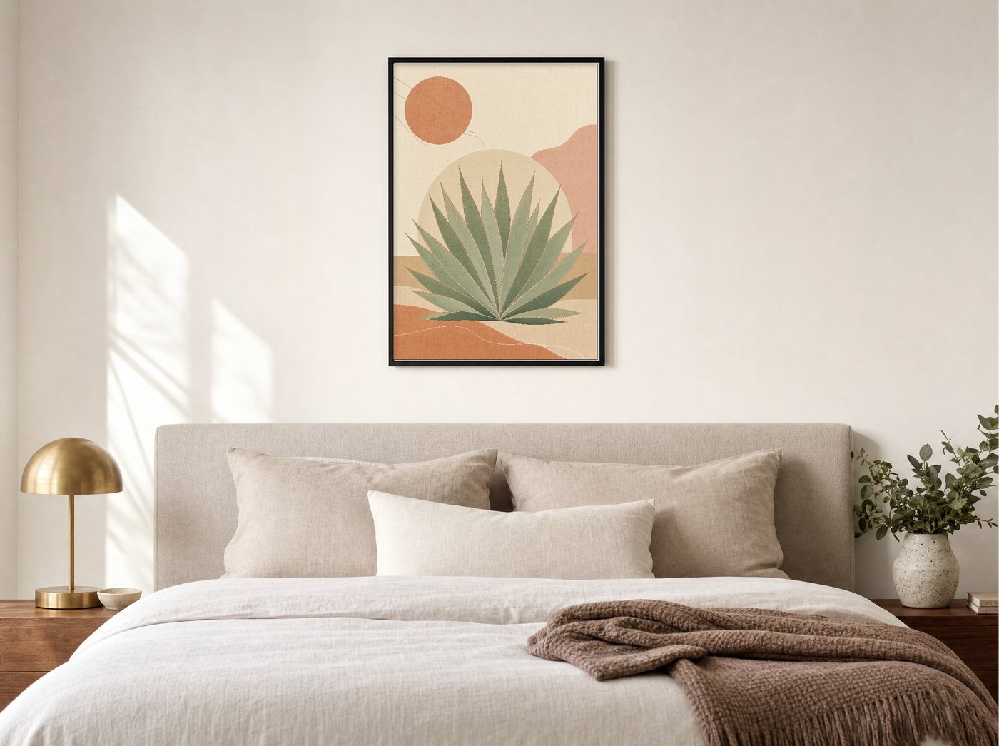 Agave Study framed and hung — a quiet bedroom