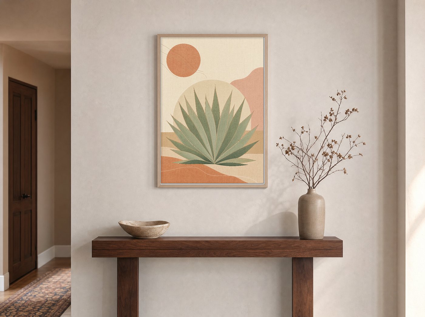 Agave Study framed and hung — an entryway console