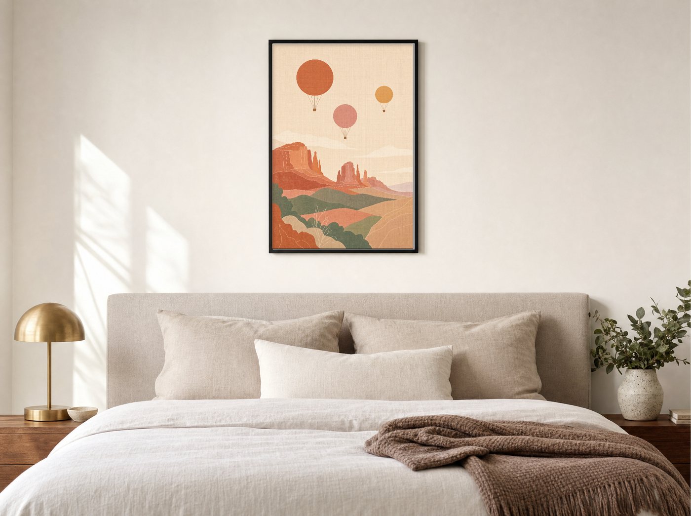 Balloons at Dawn framed and hung — a quiet bedroom