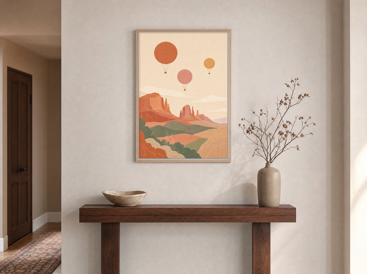Balloons at Dawn framed and hung — an entryway console