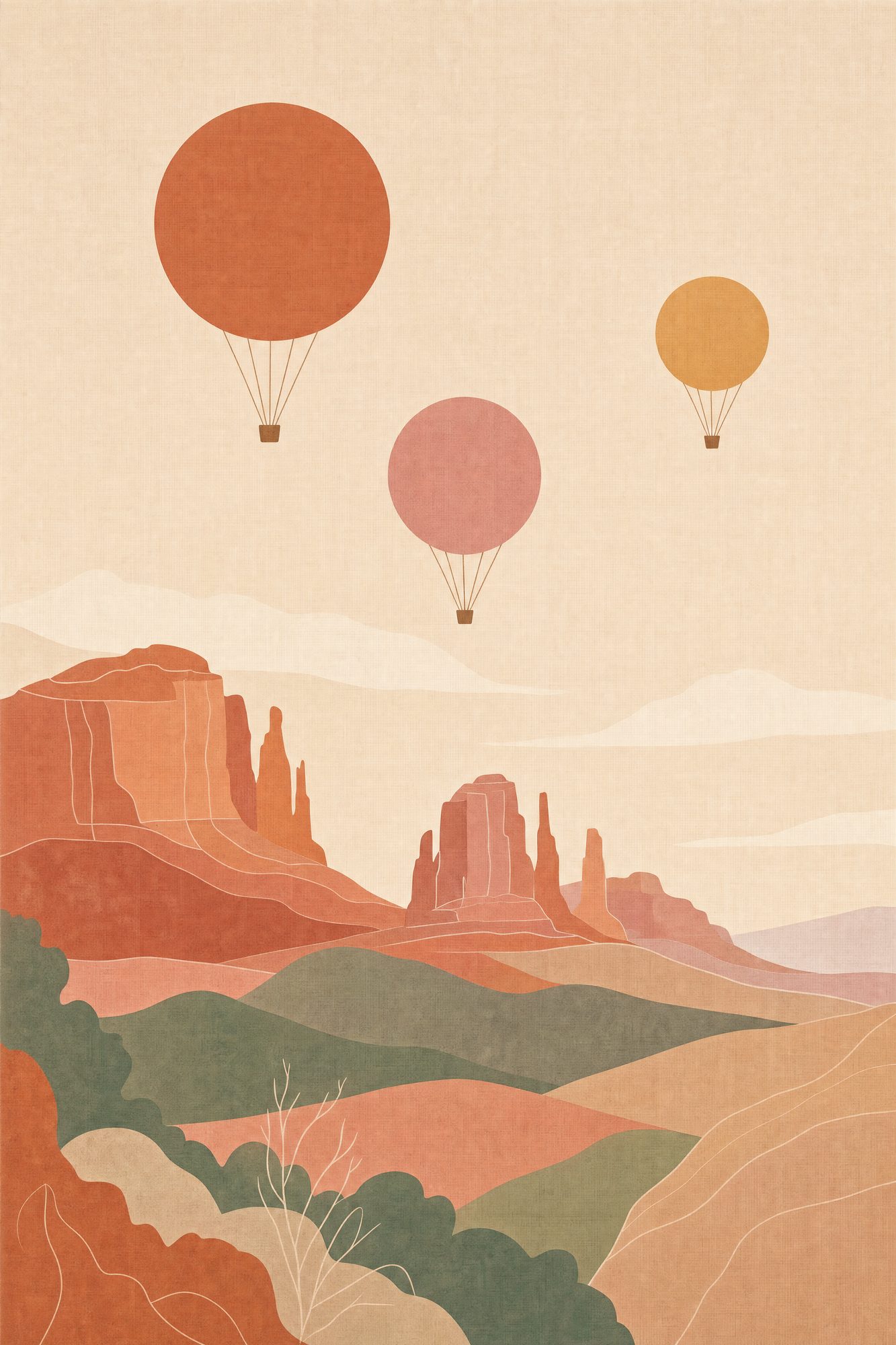 Balloons at Dawn — The Quiet Hours print of three hot air balloons rising over the Sedona red rock buttes in the first light of morning