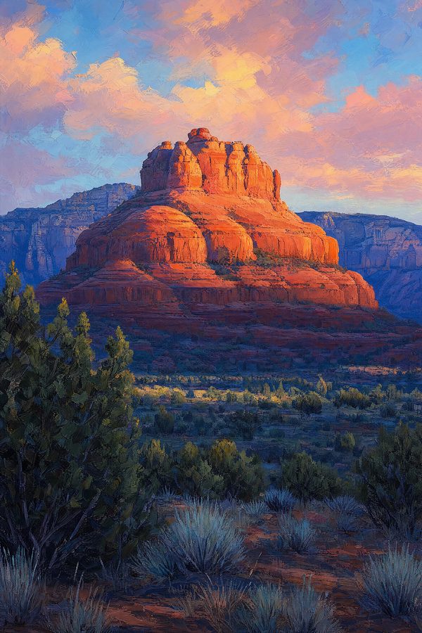 Bell Rock, First Light — Canyon Light print of Bell Rock near the Village of Oak Creek at first light, the eastern face catching the earliest sun