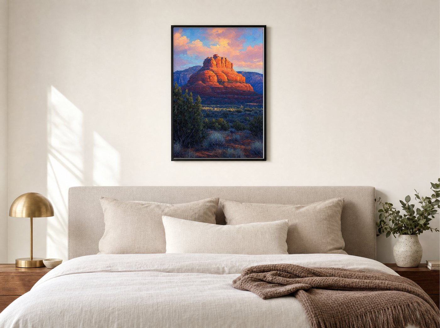 Bell Rock, First Light framed and hung — a quiet bedroom