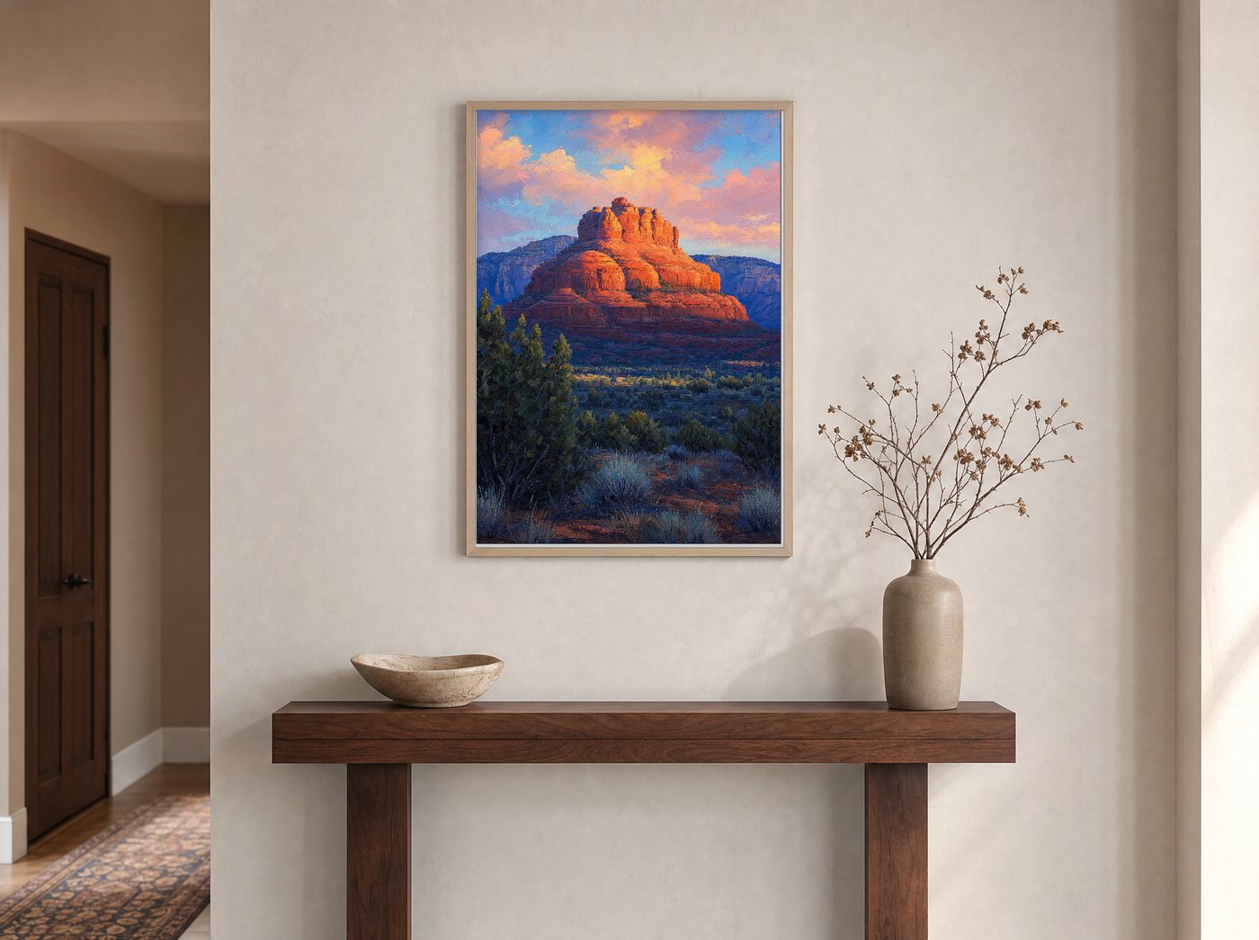 Bell Rock, First Light framed and hung — an entryway console