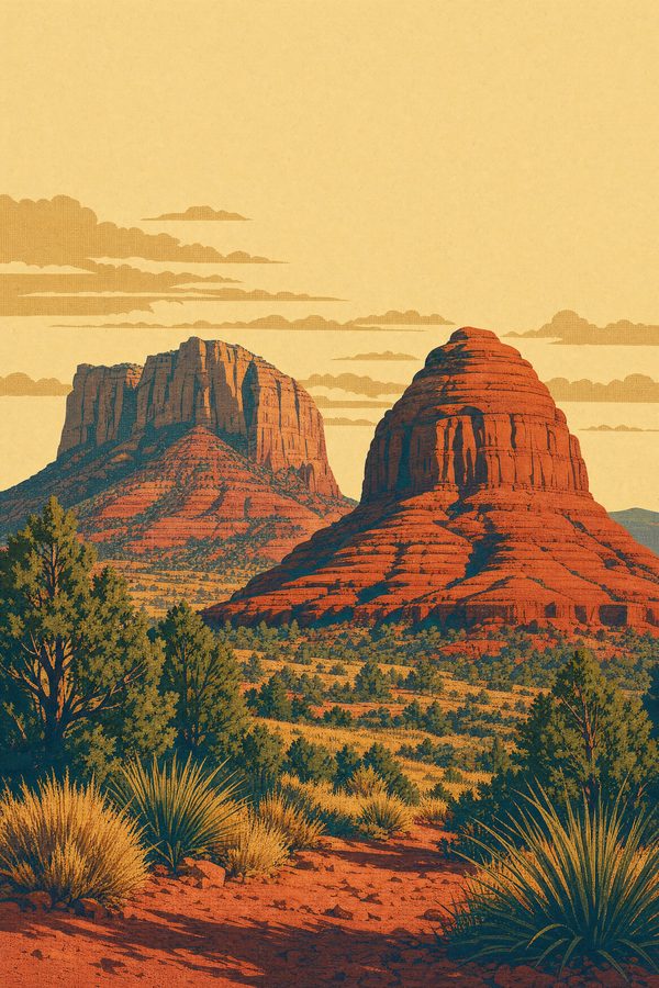 Bell Rock & Courthouse Butte — Red Rock Poster print of Bell Rock and Courthouse Butte, Sedona Arizona, seen together across the high desert scrub