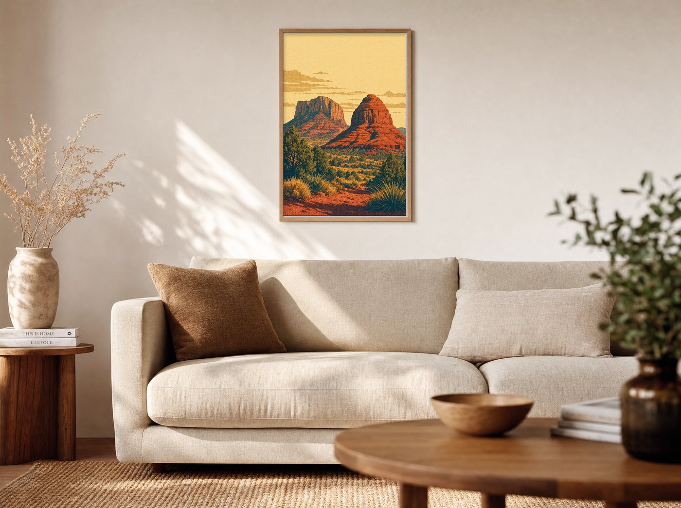 Bell Rock & Courthouse Butte framed and hung — a warm living room