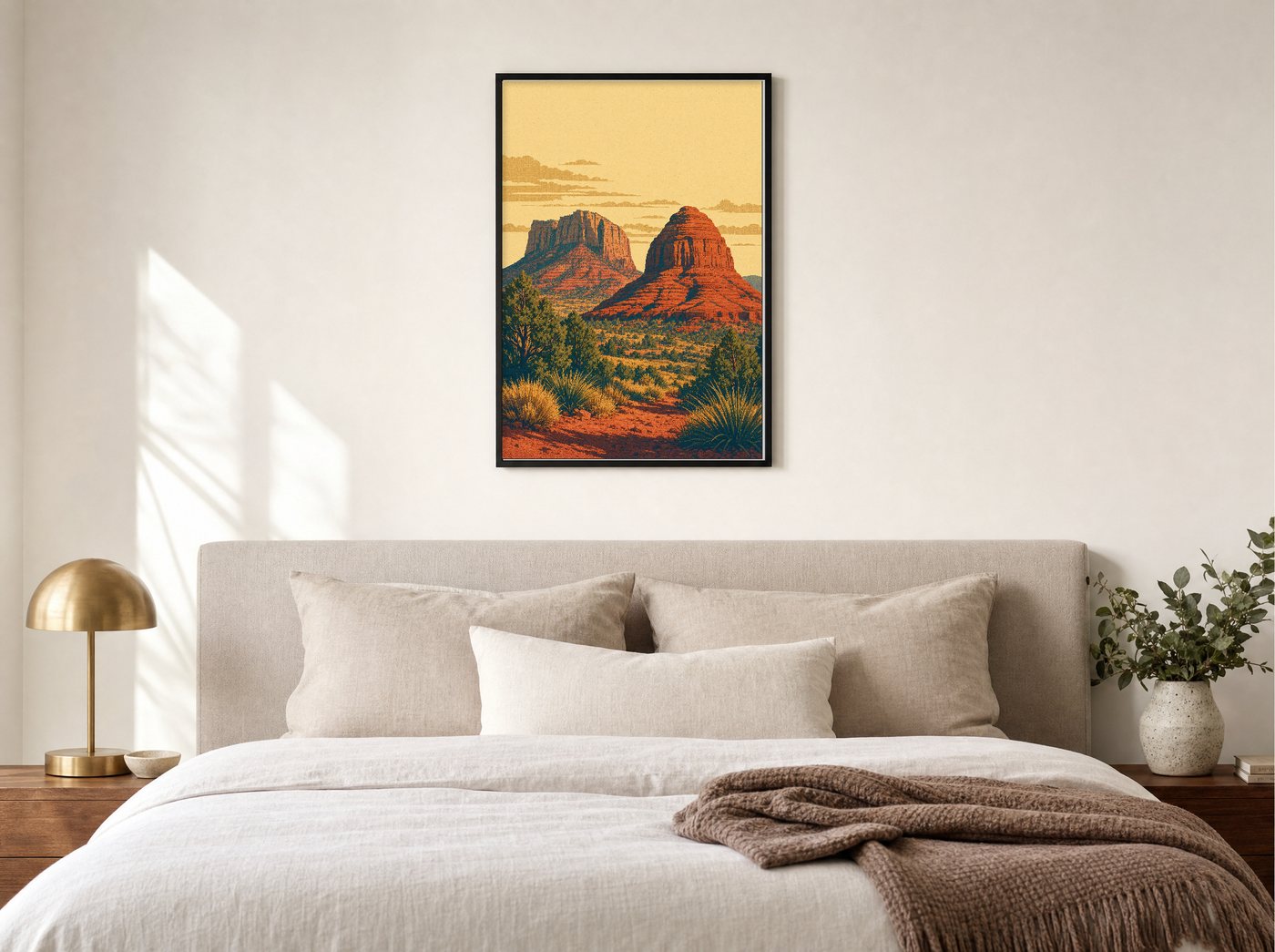Bell Rock & Courthouse Butte framed and hung — a quiet bedroom