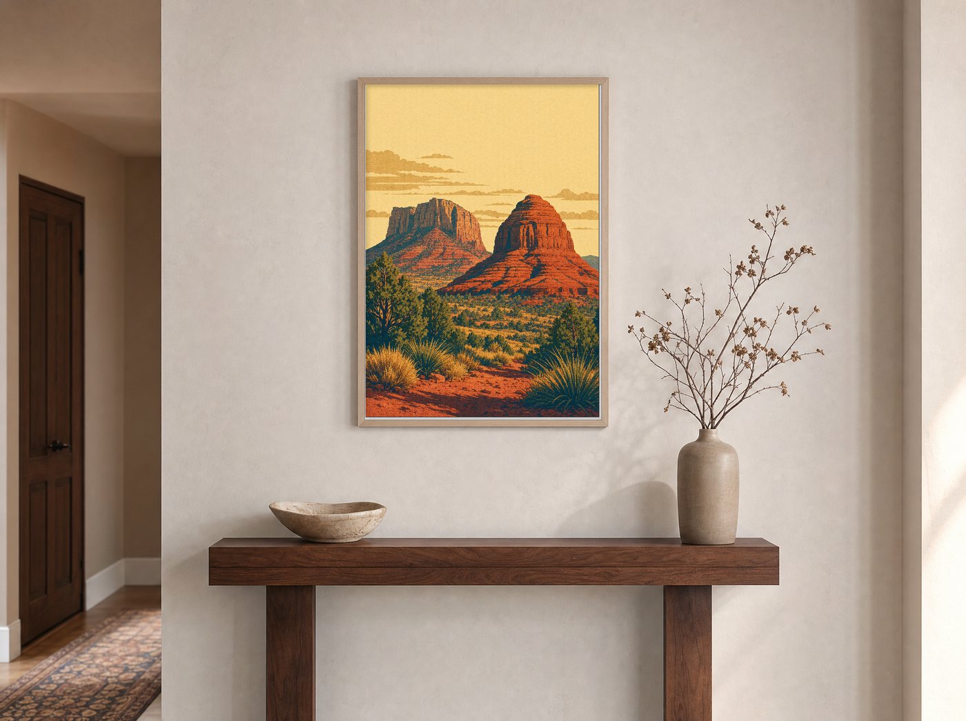 Bell Rock & Courthouse Butte framed and hung — an entryway console