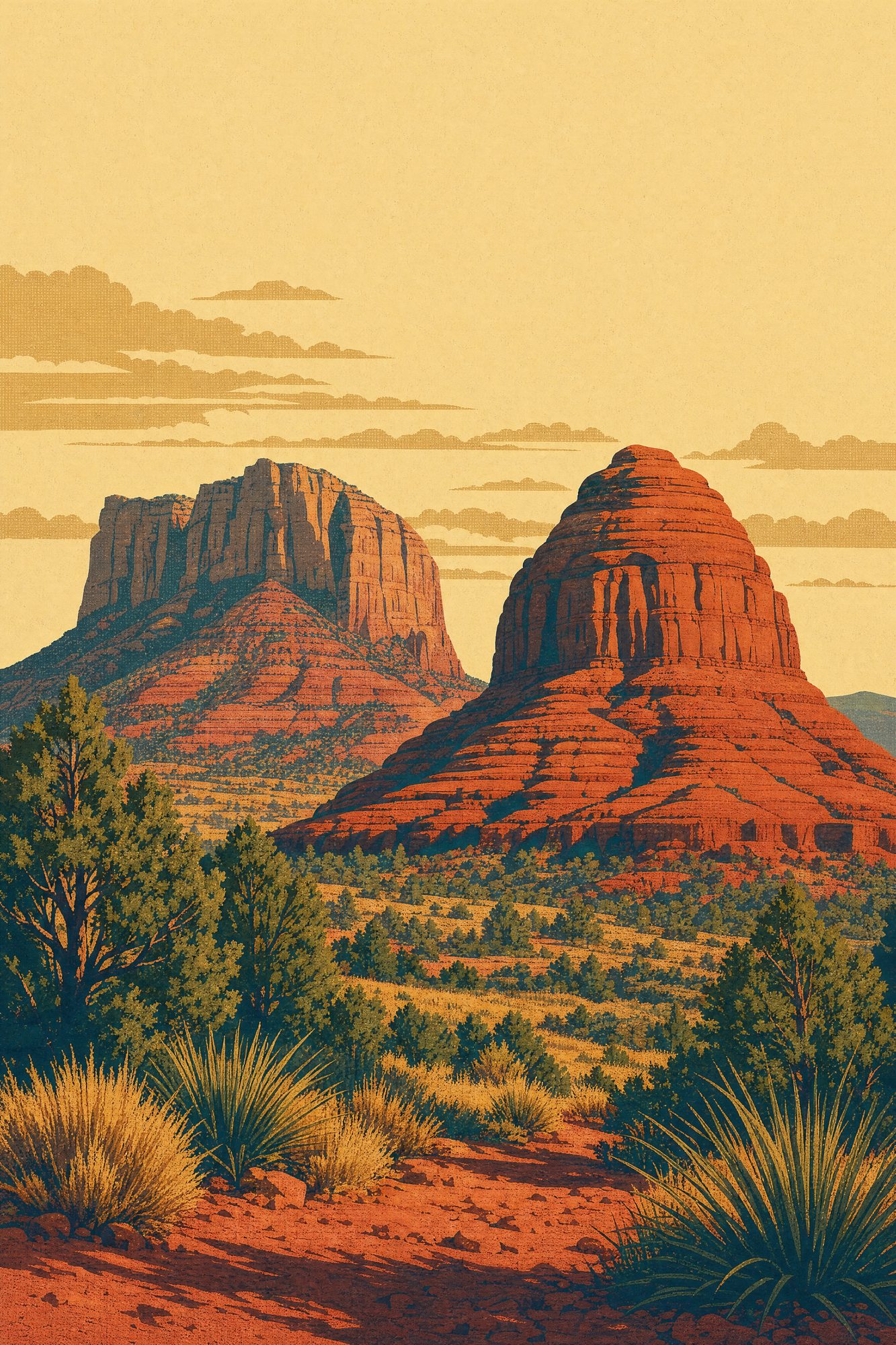 Bell Rock & Courthouse Butte — Red Rock Poster print of Bell Rock and Courthouse Butte, Sedona Arizona, seen together across the high desert scrub