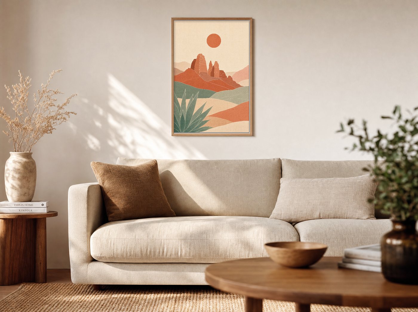Buttes & Sun framed and hung — a warm living room