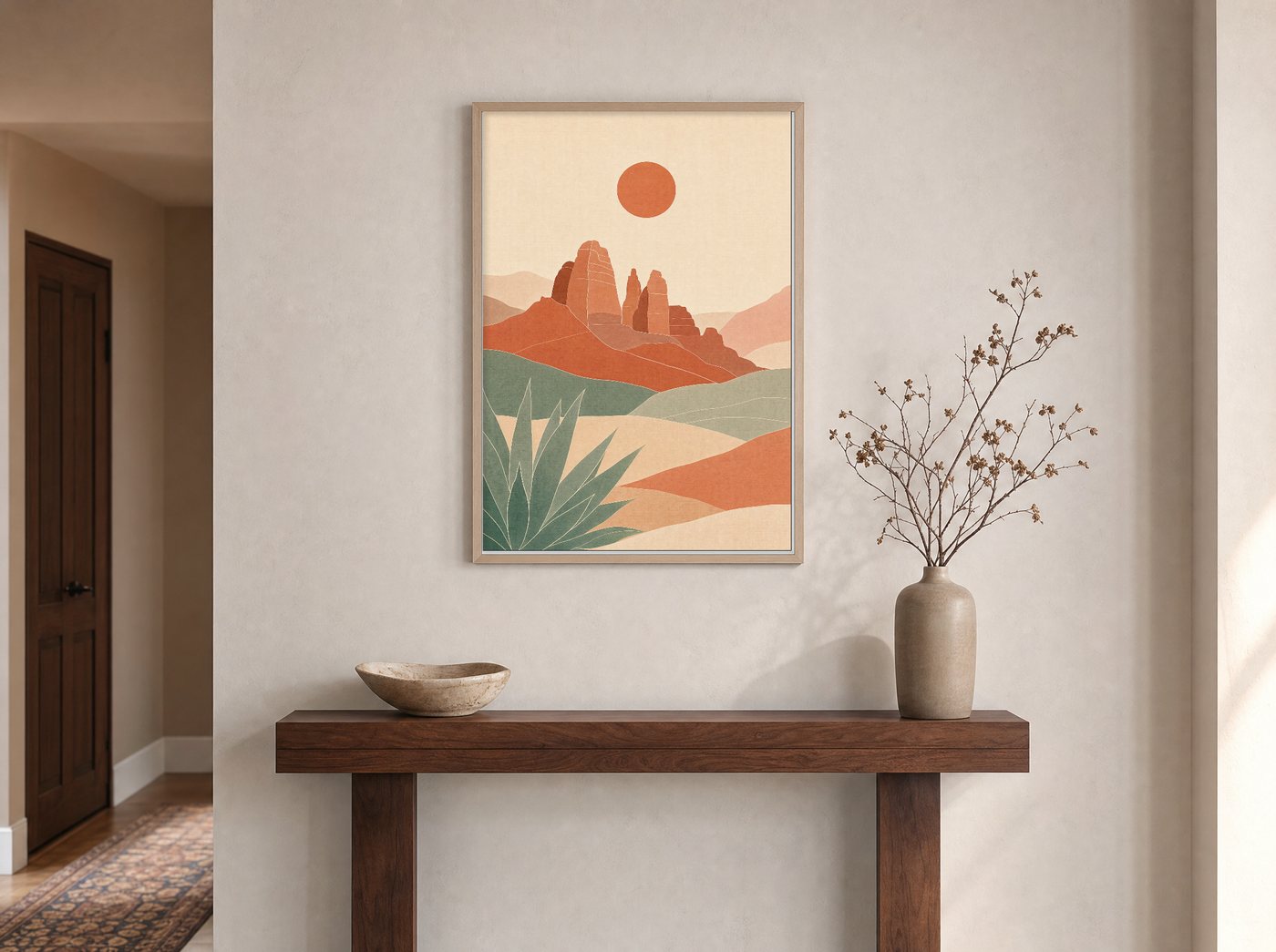 Buttes & Sun framed and hung — an entryway console