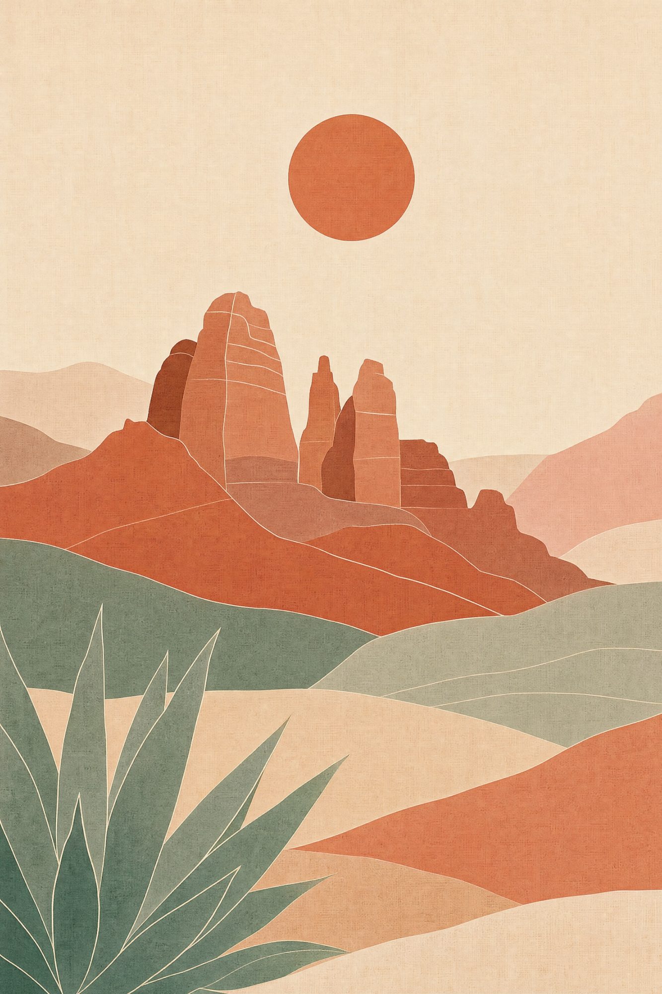 Buttes & Sun — Quiet Desert print of Sedona red rock buttes reduced to layered geometric shapes beneath a single circular sun