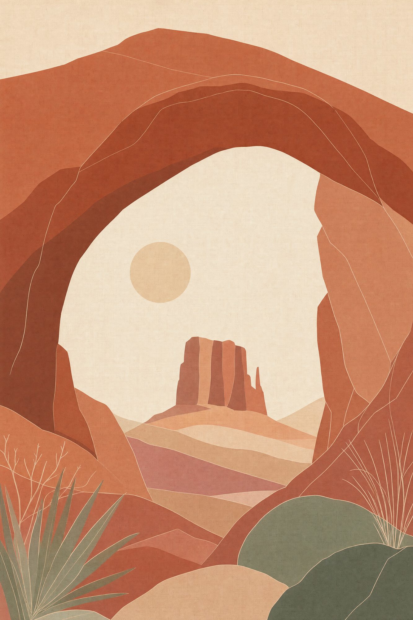 Canyon Arch — Quiet Desert print of a red rock canyon arch framing a distant butte, both reduced to simple interlocking flat shapes