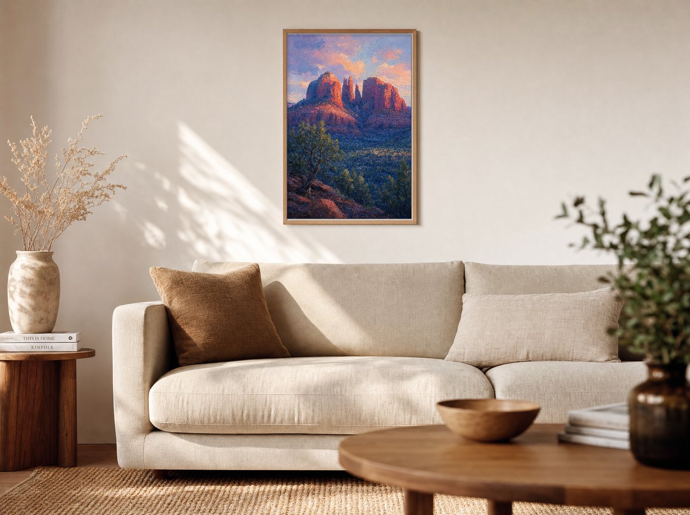 Cathedral Rock, Last Light framed and hung — a warm living room