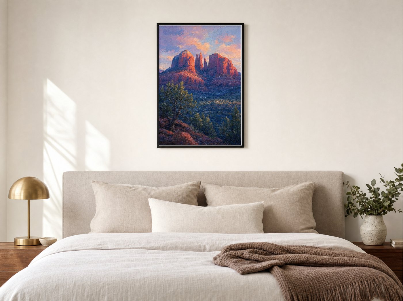 Cathedral Rock, Last Light framed and hung — a quiet bedroom