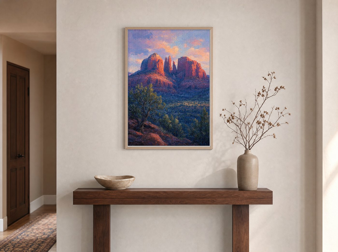 Cathedral Rock, Last Light framed and hung — an entryway console