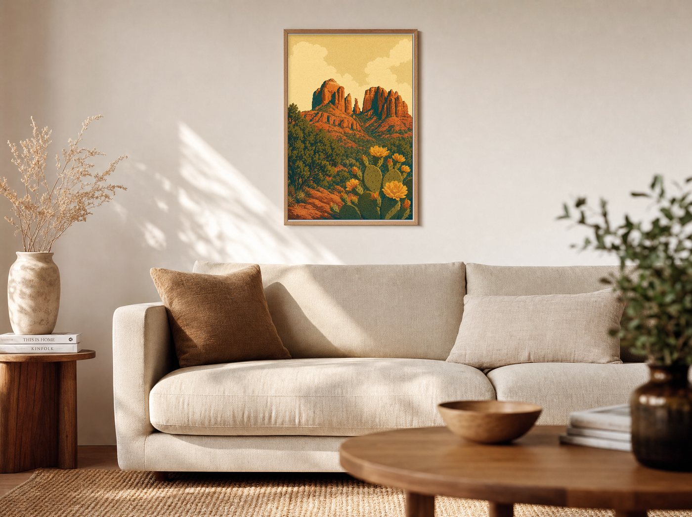 Cathedral Rock shown at scale — a warm living room