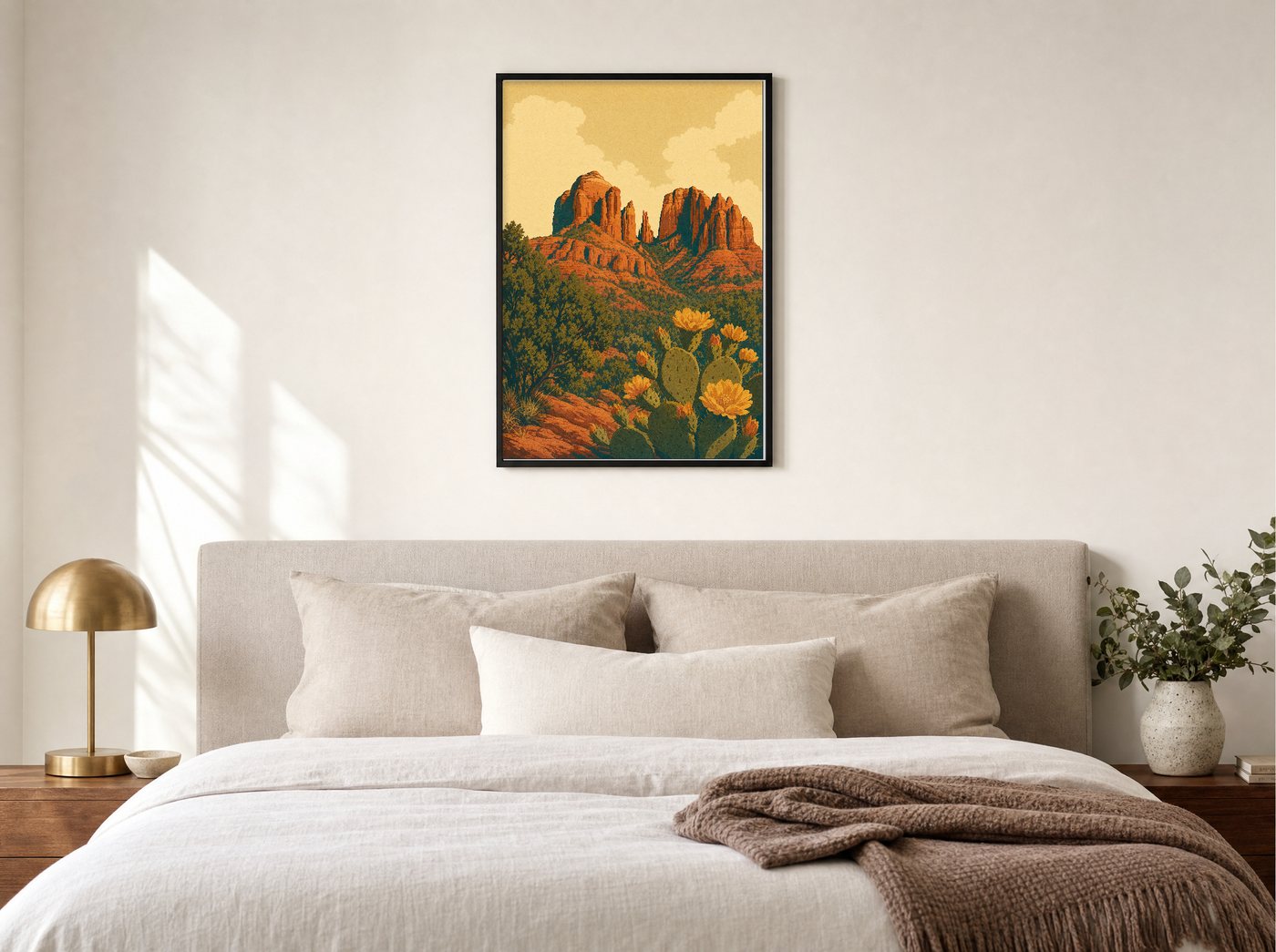 Cathedral Rock framed and hung — a quiet bedroom