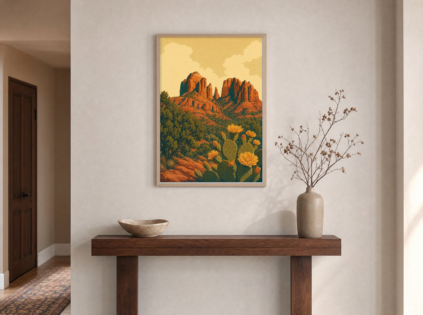 Cathedral Rock framed and hung — an entryway console