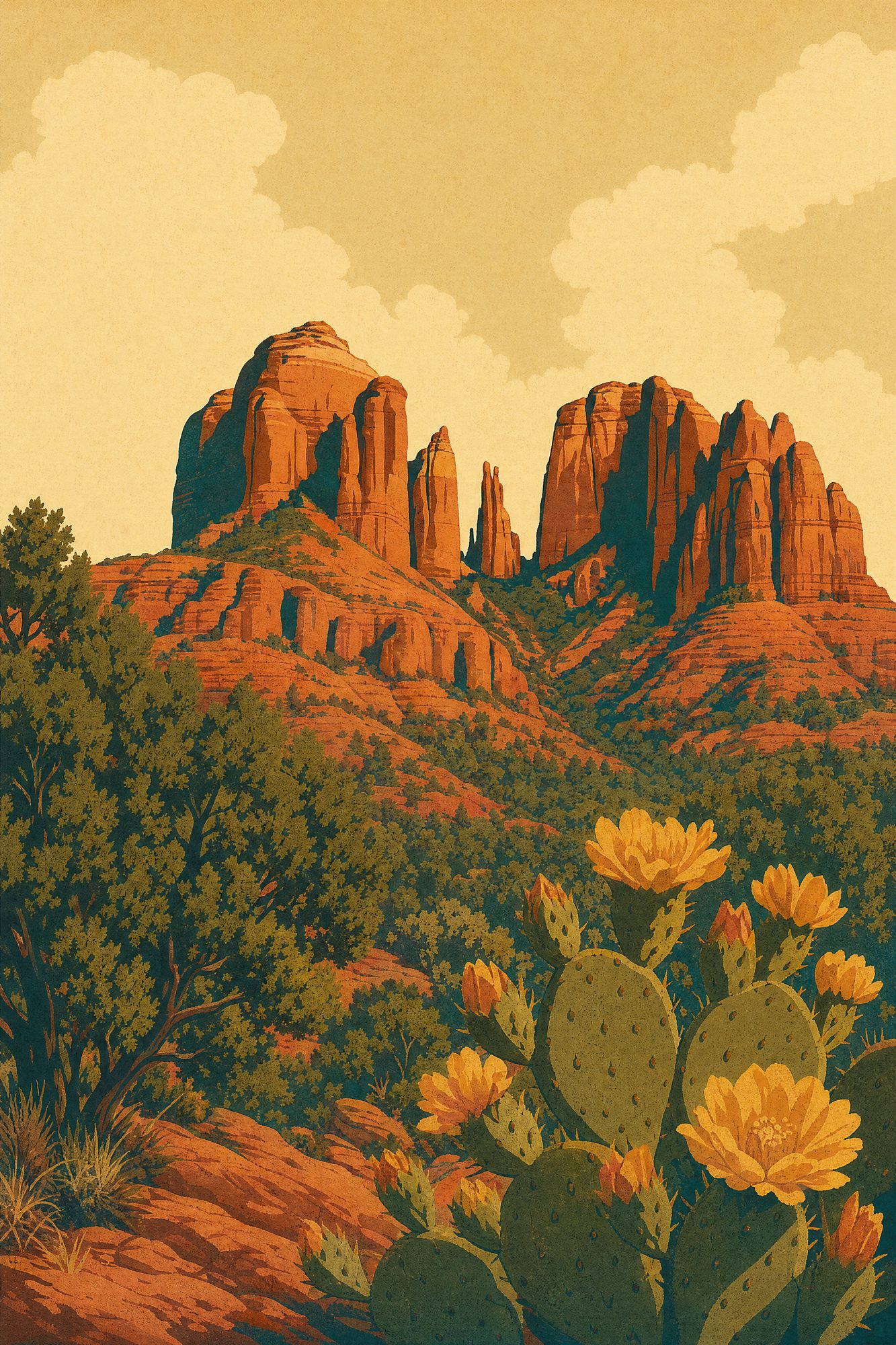 Cathedral Rock — Red Rock Poster print of Cathedral Rock, Sedona Arizona, its sandstone spires rising above a juniper-covered saddle