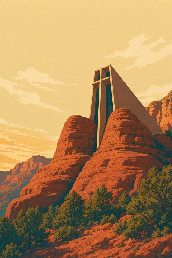 The Chapel in the Rocks — Red Rock Poster print of the Chapel of the Holy Cross set into the red rock buttes of Sedona Arizona
