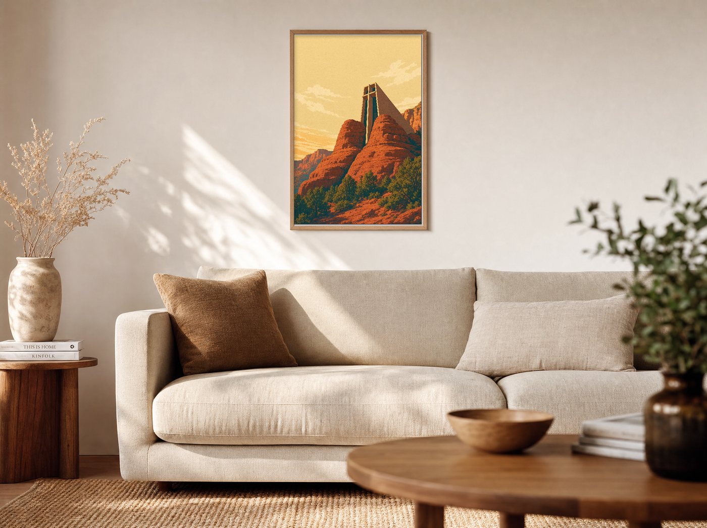 The Chapel in the Rocks framed and hung — a warm living room