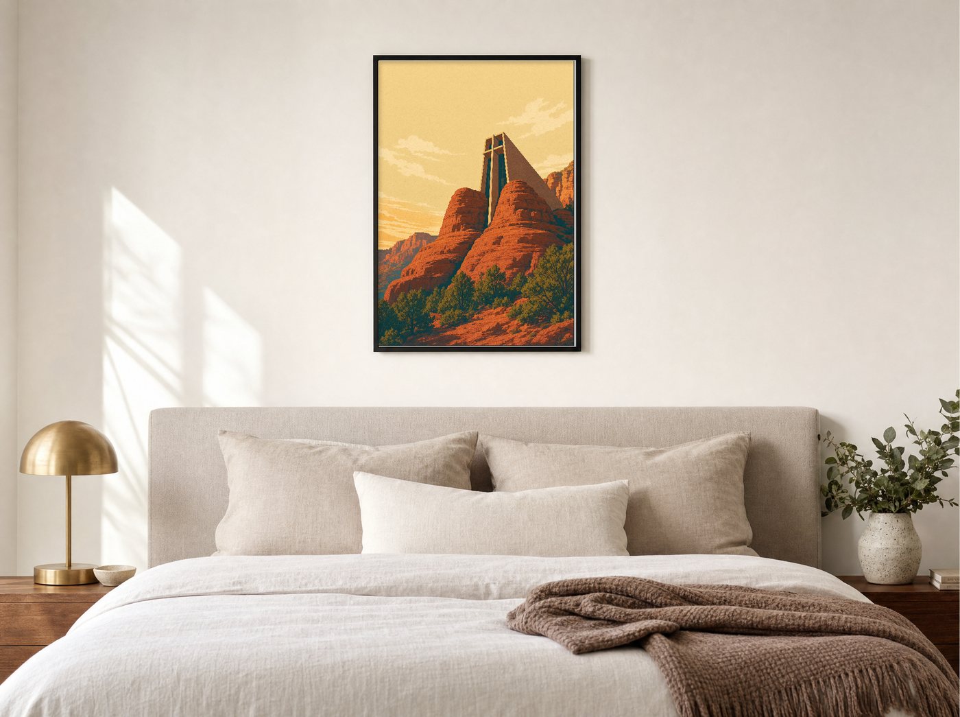 The Chapel in the Rocks framed and hung — a quiet bedroom