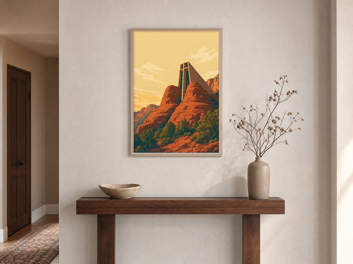 The Chapel in the Rocks framed and hung — an entryway console