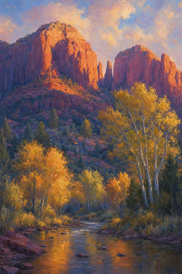 Cottonwood Gold — Canyon Light print of cottonwoods and sycamores turning gold along Oak Creek in autumn beneath the red canyon walls of Sedona