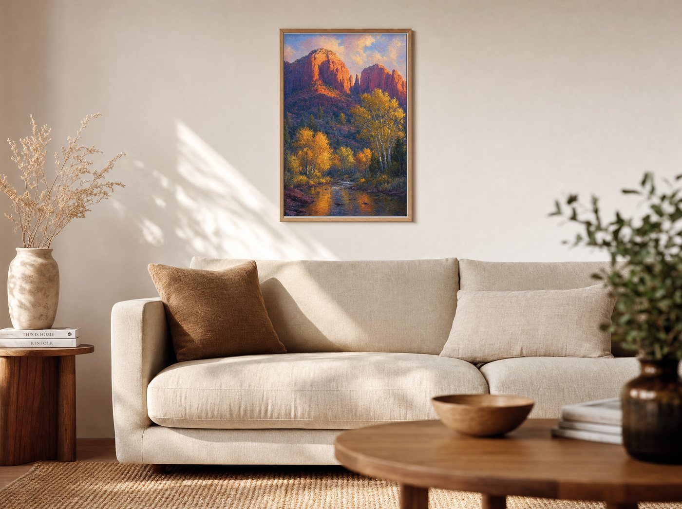 Cottonwood Gold framed and hung — a warm living room
