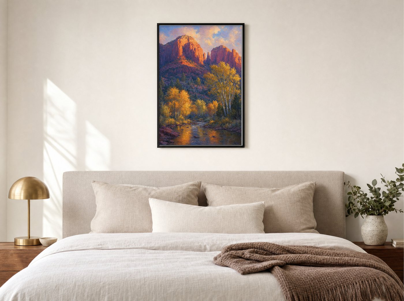 Cottonwood Gold framed and hung — a quiet bedroom