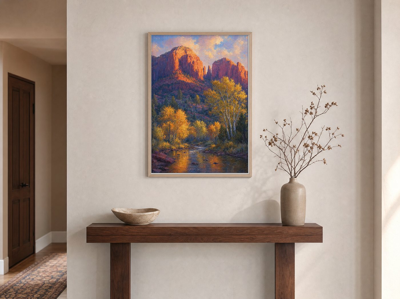 Cottonwood Gold framed and hung — an entryway console