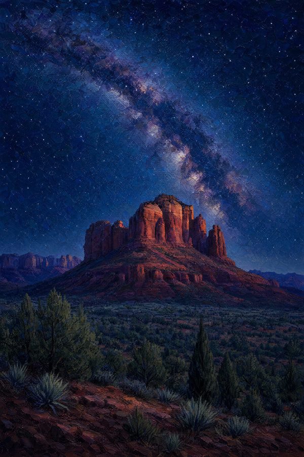 Dark Sky Country — Canyon Light print of the Milky Way arcing over Courthouse Butte in Sedona Arizona on a moonless night
