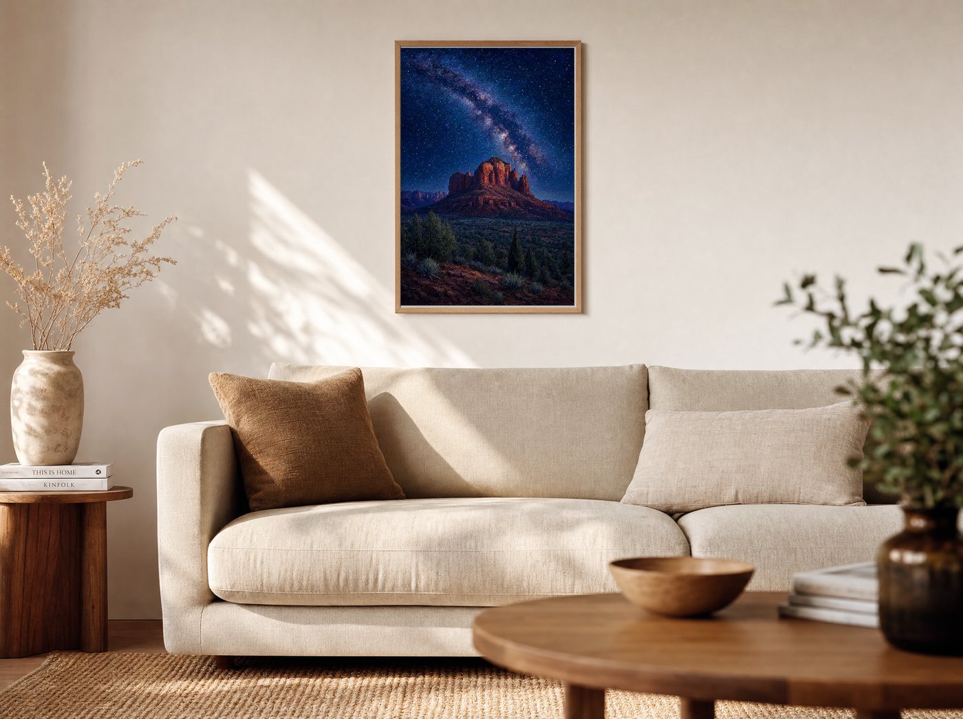 Dark Sky Country framed and hung — a warm living room