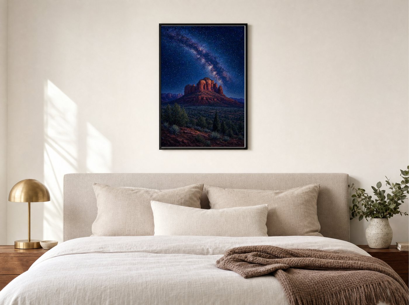 Dark Sky Country framed and hung — a quiet bedroom
