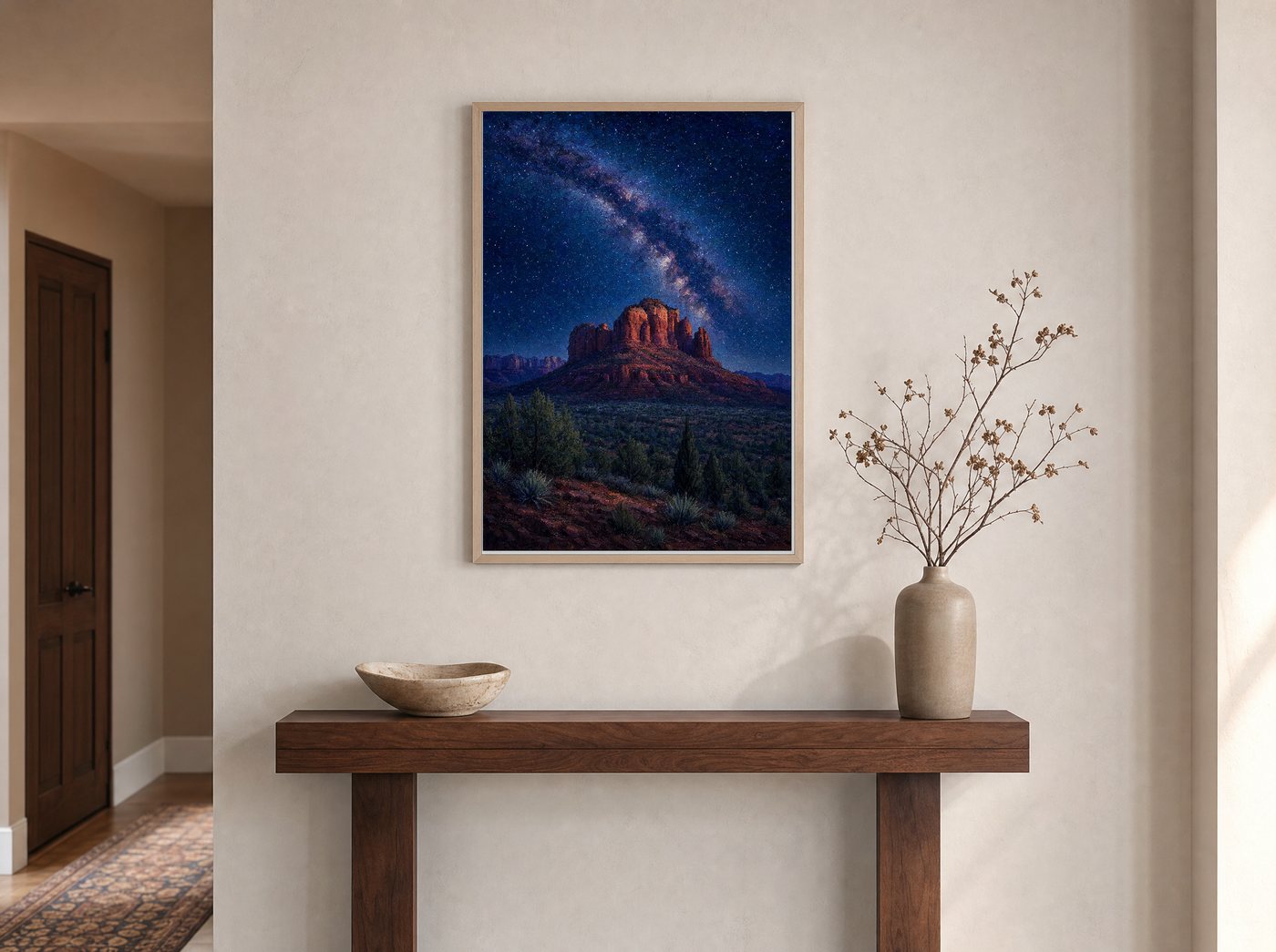 Dark Sky Country framed and hung — an entryway console