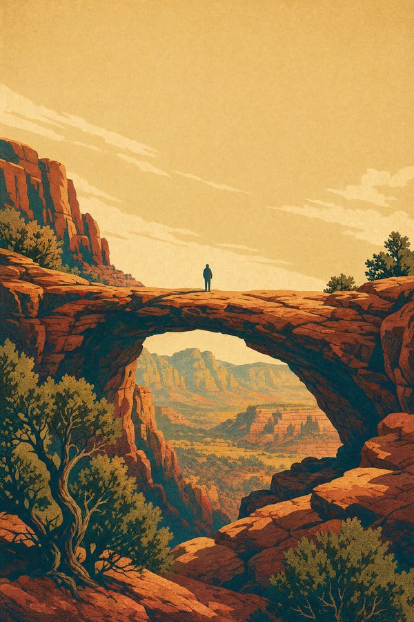 Devil's Bridge — Red Rock Poster print of the natural sandstone arch of Devil's Bridge in Sedona with one tiny distant hiker standing at its center