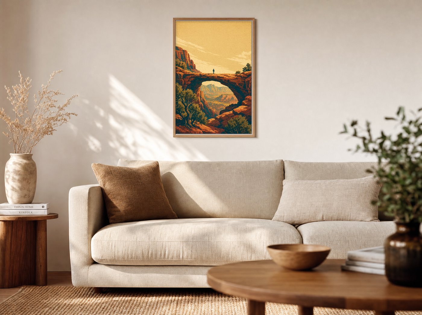 Devil's Bridge framed and hung — a warm living room