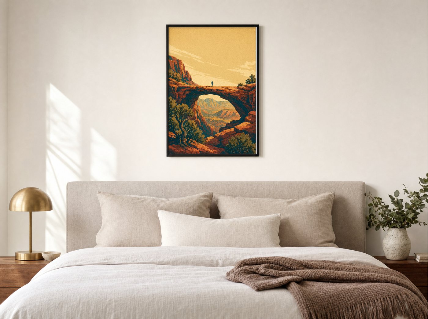 Devil's Bridge framed and hung — a quiet bedroom