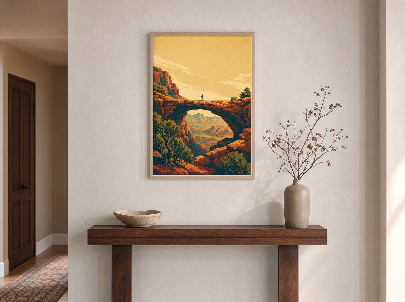 Devil's Bridge framed and hung — an entryway console