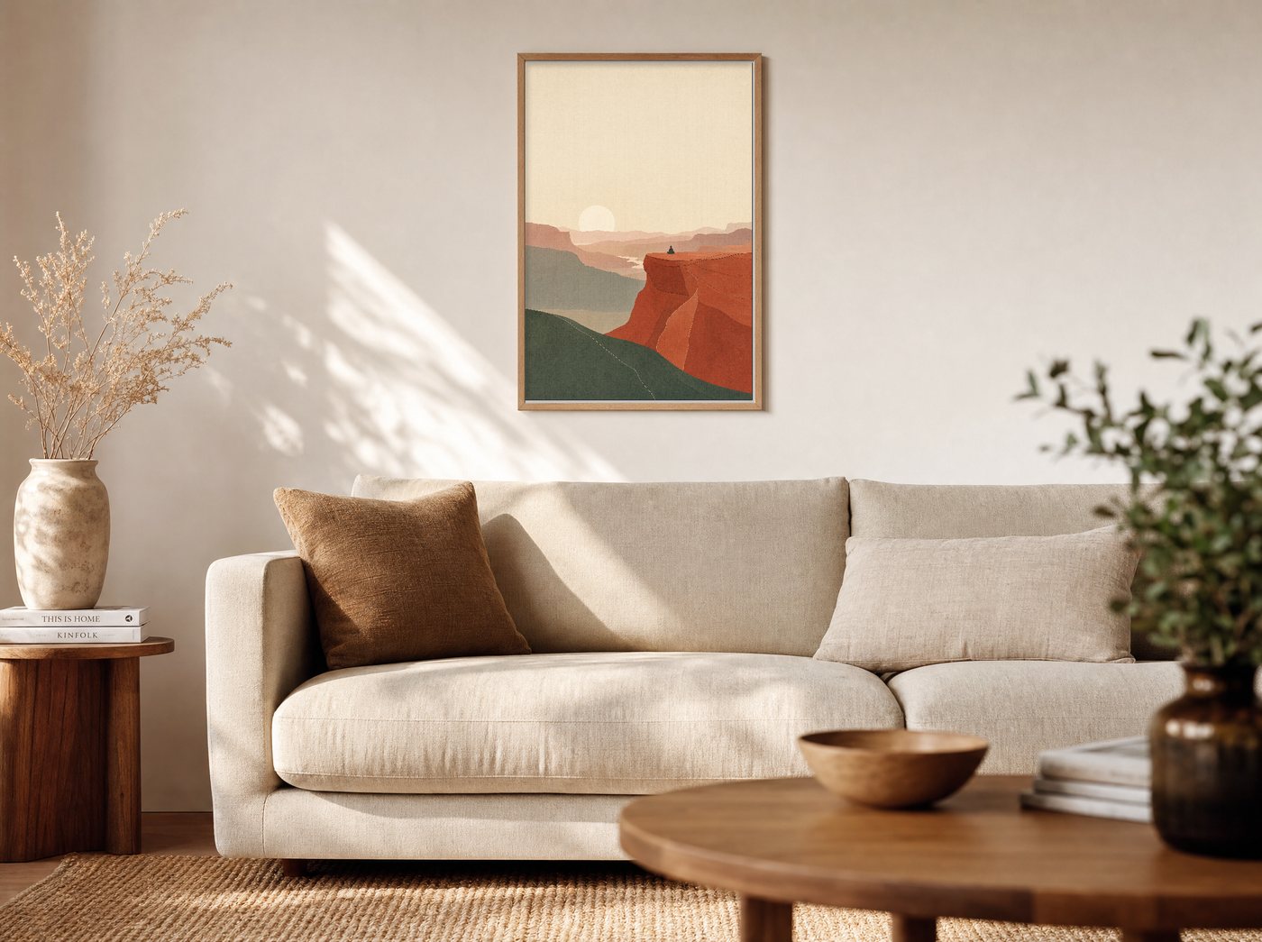First Stillness framed and hung — a warm living room