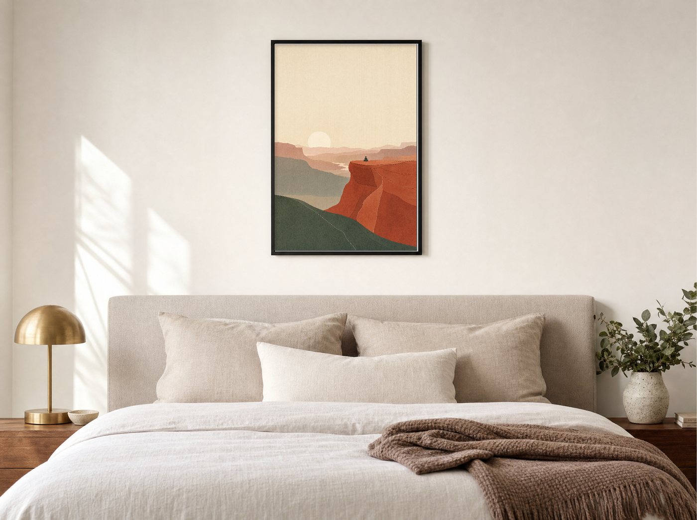 First Stillness framed and hung — a quiet bedroom