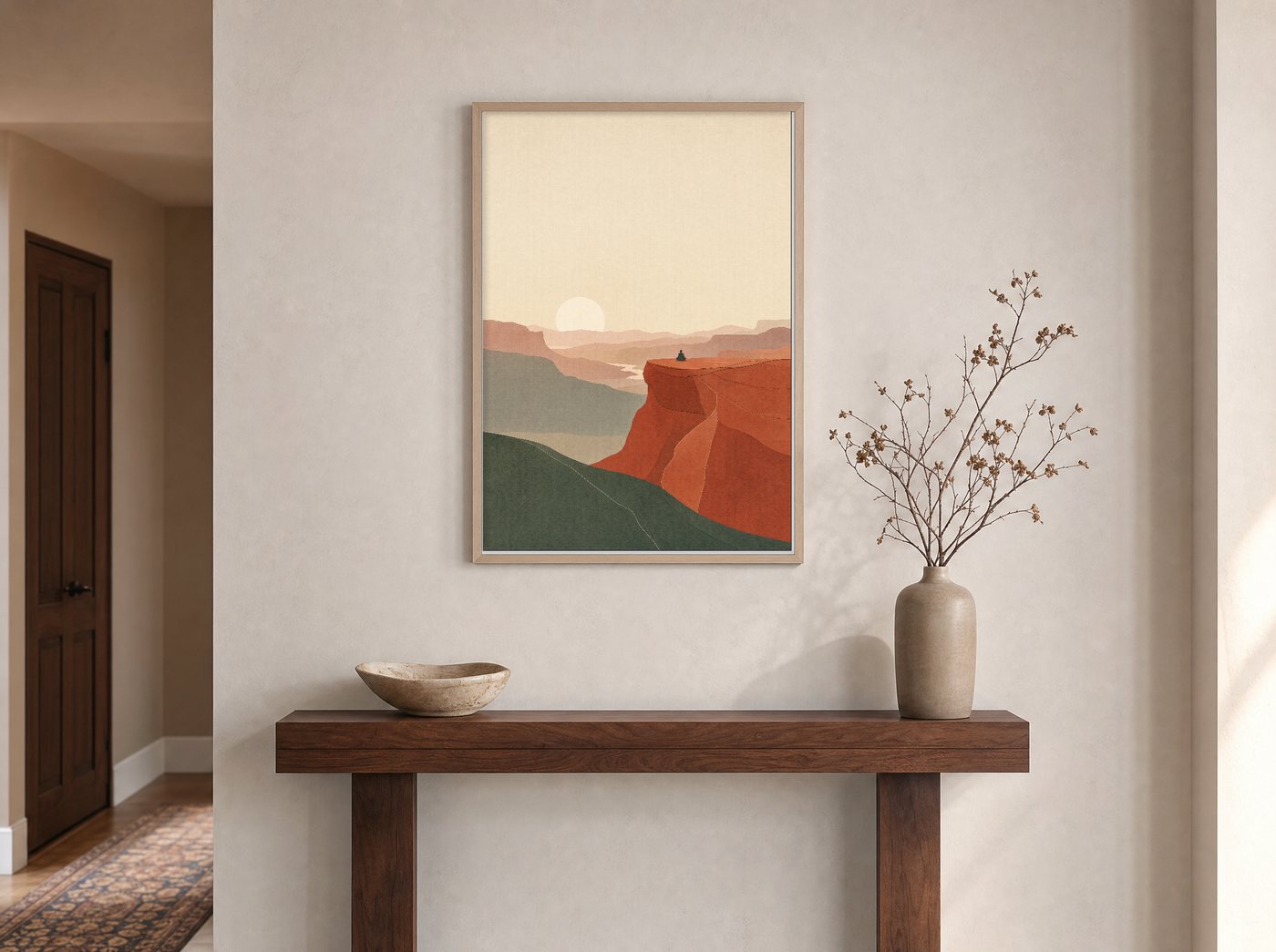 First Stillness shown at scale — an entryway console