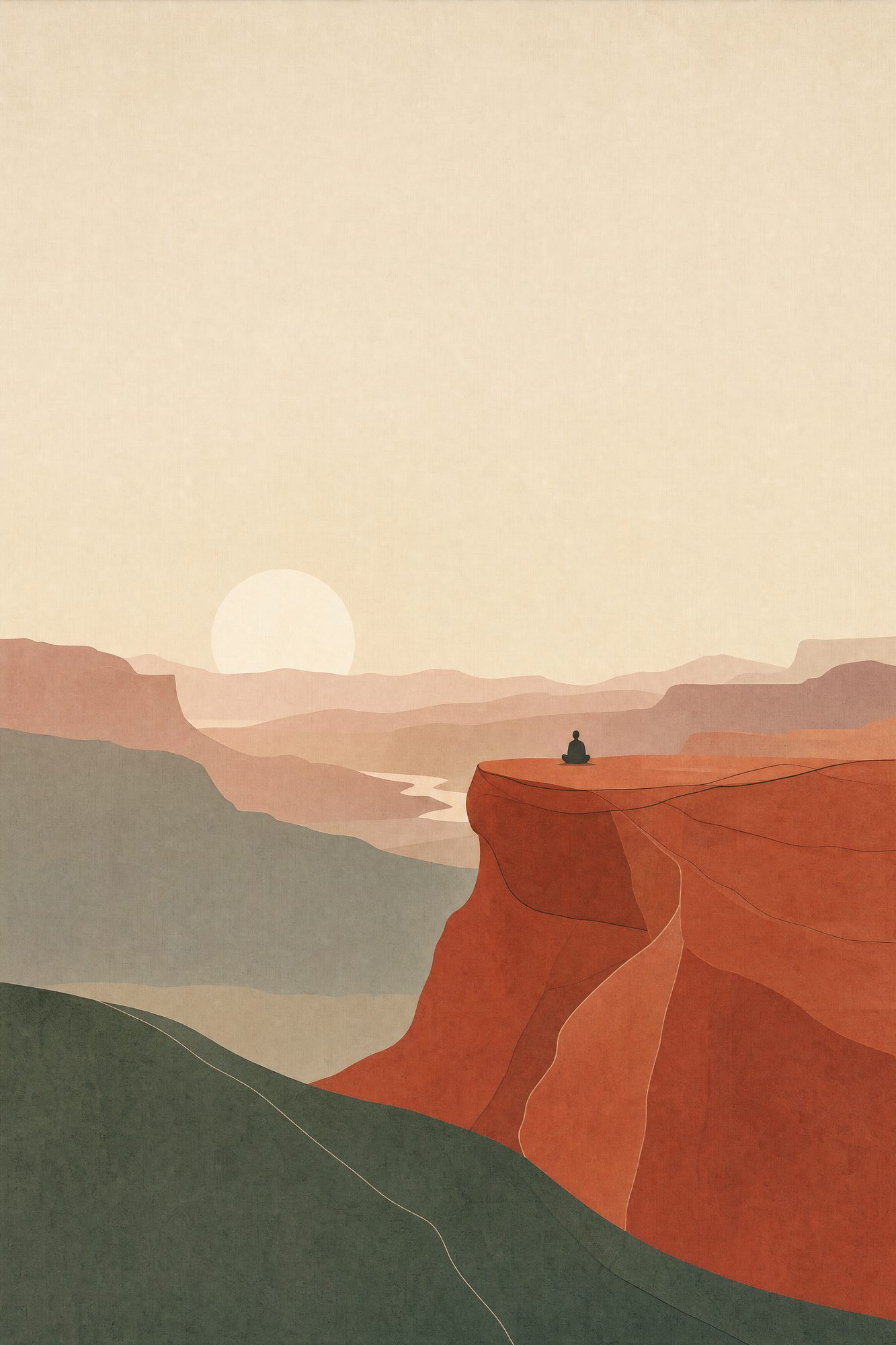 First Stillness — The Quiet Hours print of a single person sitting cross-legged and alone at the edge of a red rock mesa at sunrise, seen from behind and far away, very small in a vast landscape