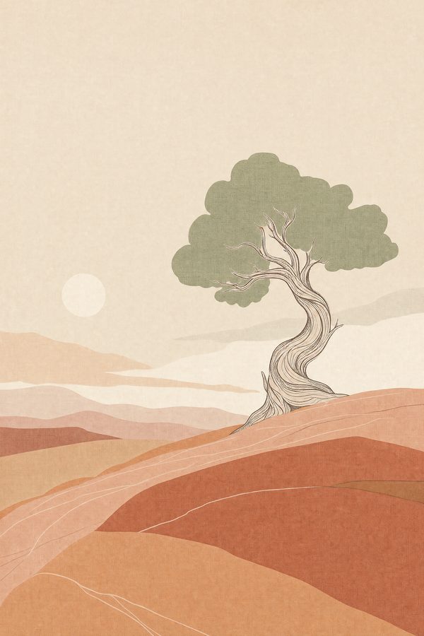 Old Juniper — Quiet Desert print of a single wind-twisted Utah juniper standing alone on a slickrock rise