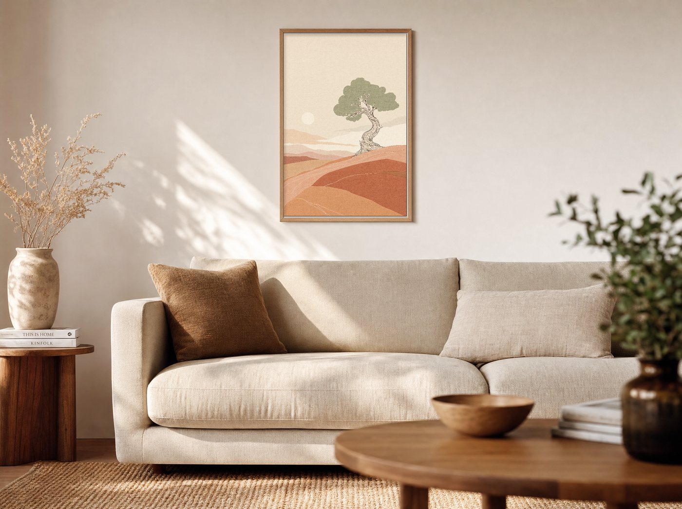 Old Juniper framed and hung — a warm living room