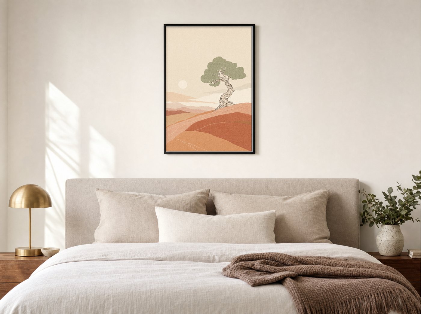 Old Juniper framed and hung — a quiet bedroom