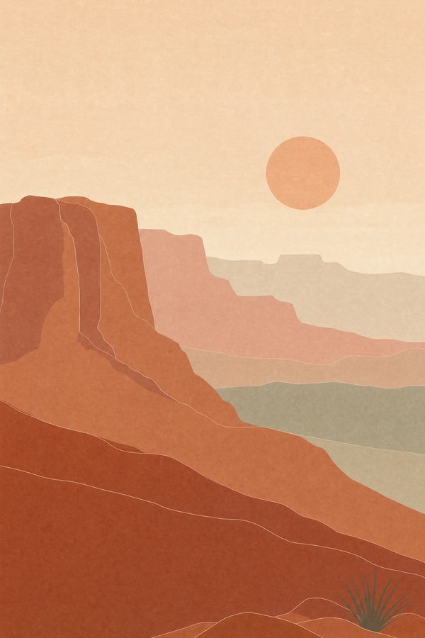 Layered Mesas — Quiet Desert print of receding desert mesas at dusk rendered as four or five overlapping flat bands of color