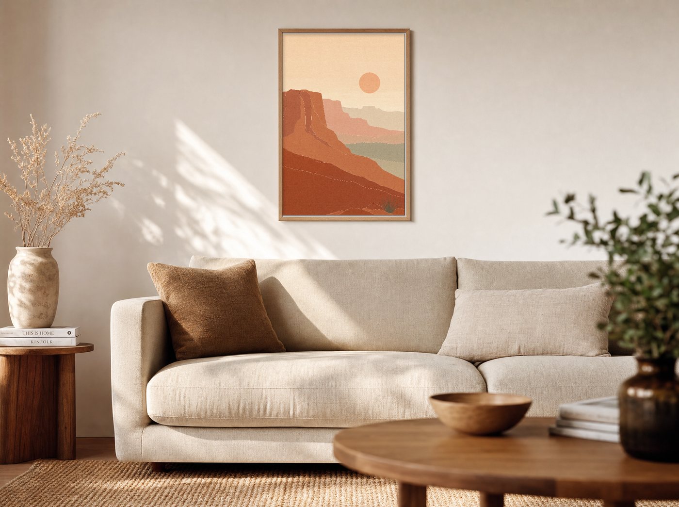 Layered Mesas framed and hung — a warm living room